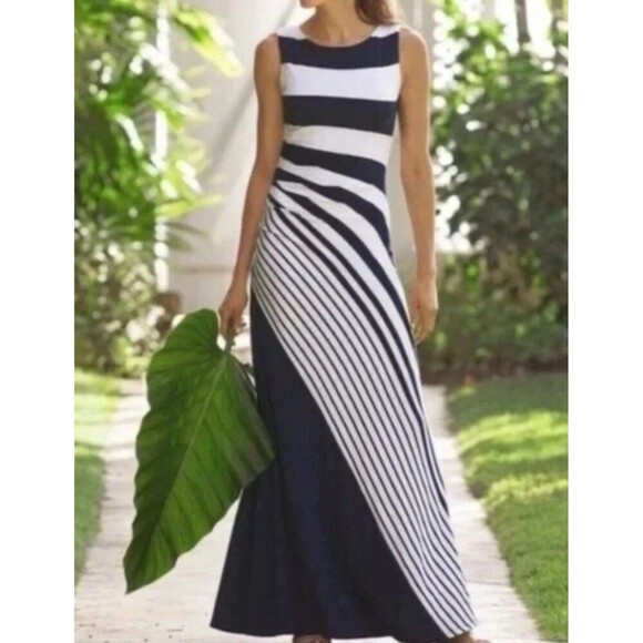 Soft Surroundings Maxi Dress Blue White Stripe Shirred Side M Coastal Nautical - Picture 3 of 16